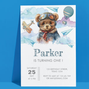 Pilot Teddy Bear First Birthday Kids Invitation
