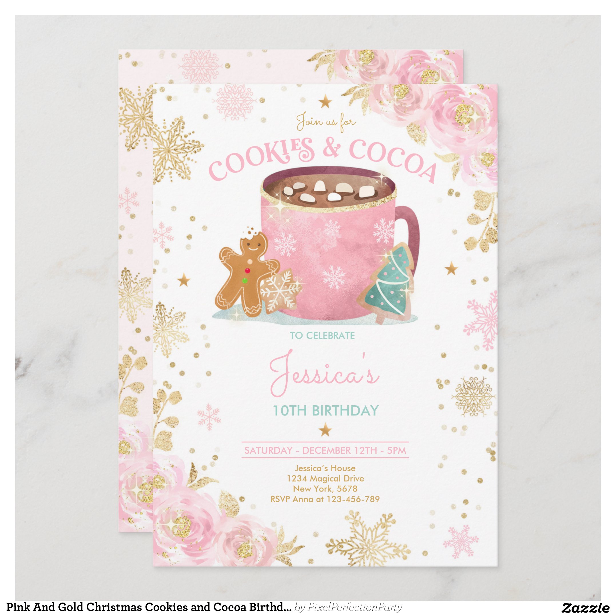 Pink And Gold Christmas Cookies and Cocoa Birthday Invitation