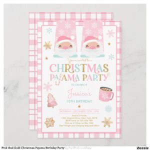 Pink And Gold Christmas Pajama Birthday Party Invitation