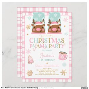 Pink And Gold Christmas Pajama Birthday Party Invitation