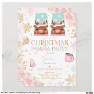 Pink And Gold Christmas Pajama Birthday Party Invitation
