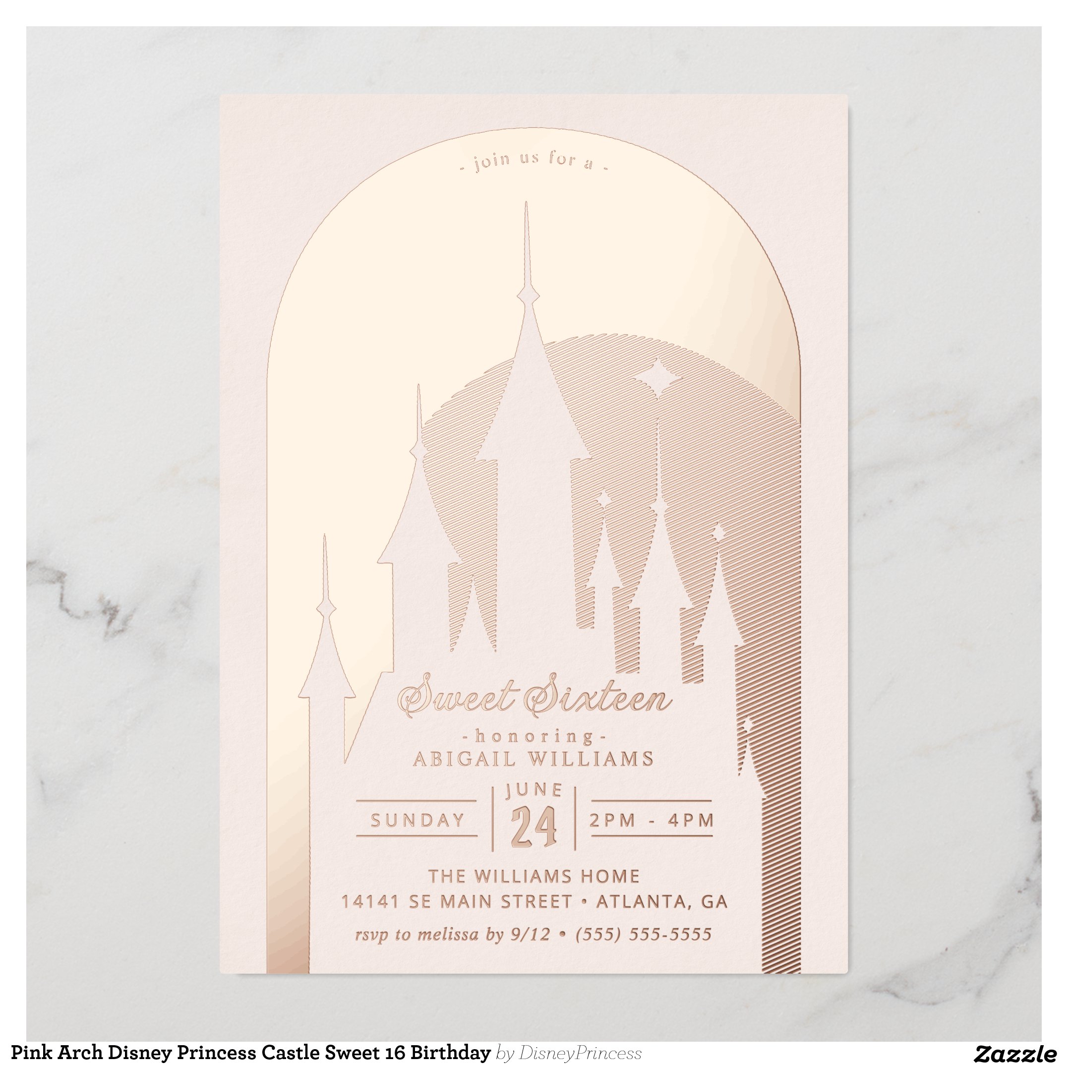 Pink Arch Disney Princess Castle Sweet 16 Birthday Foil Invitation