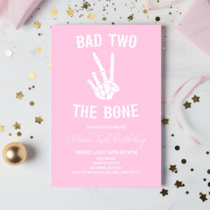 Pink Bad Two The Bone Skeleton 2nd Birthday Party Invitation