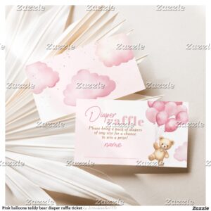 Pink balloons teddy bear diaper raffle ticket enclosure card