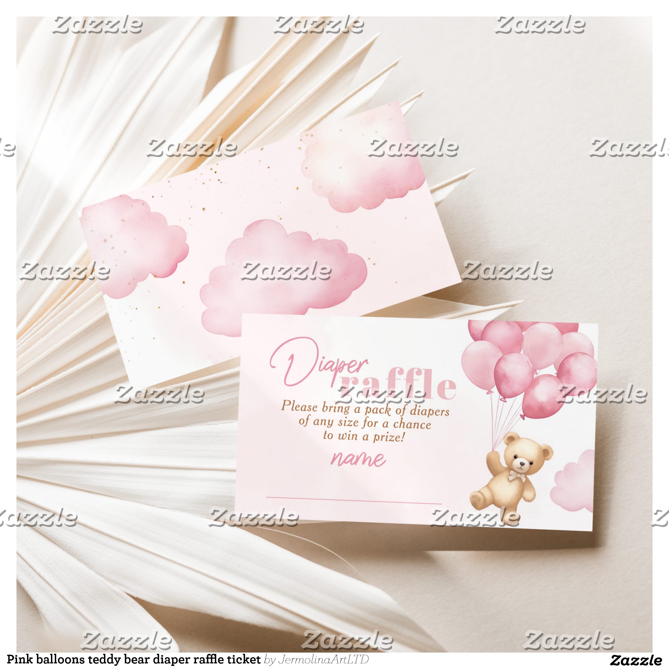 Pink balloons teddy bear diaper raffle ticket enclosure card