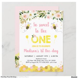 Pink Bee First Birthday Invitation