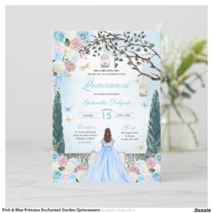 Pink & Blue Princess Enchanted Garden Quinceanera Invitation