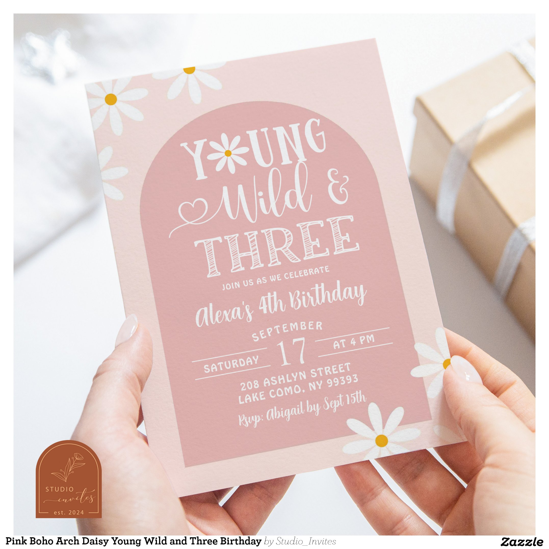Pink Boho Arch Daisy Young Wild and Three Birthday Invitation