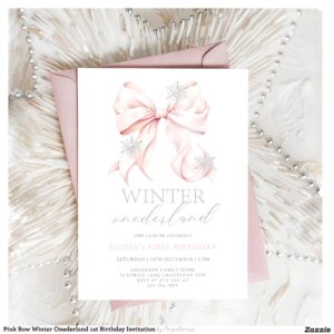 Pink Bow Winter Onederland 1st Birthday Invitation