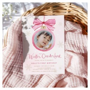 Pink Bow Winter Onederland First Birthday Invitation