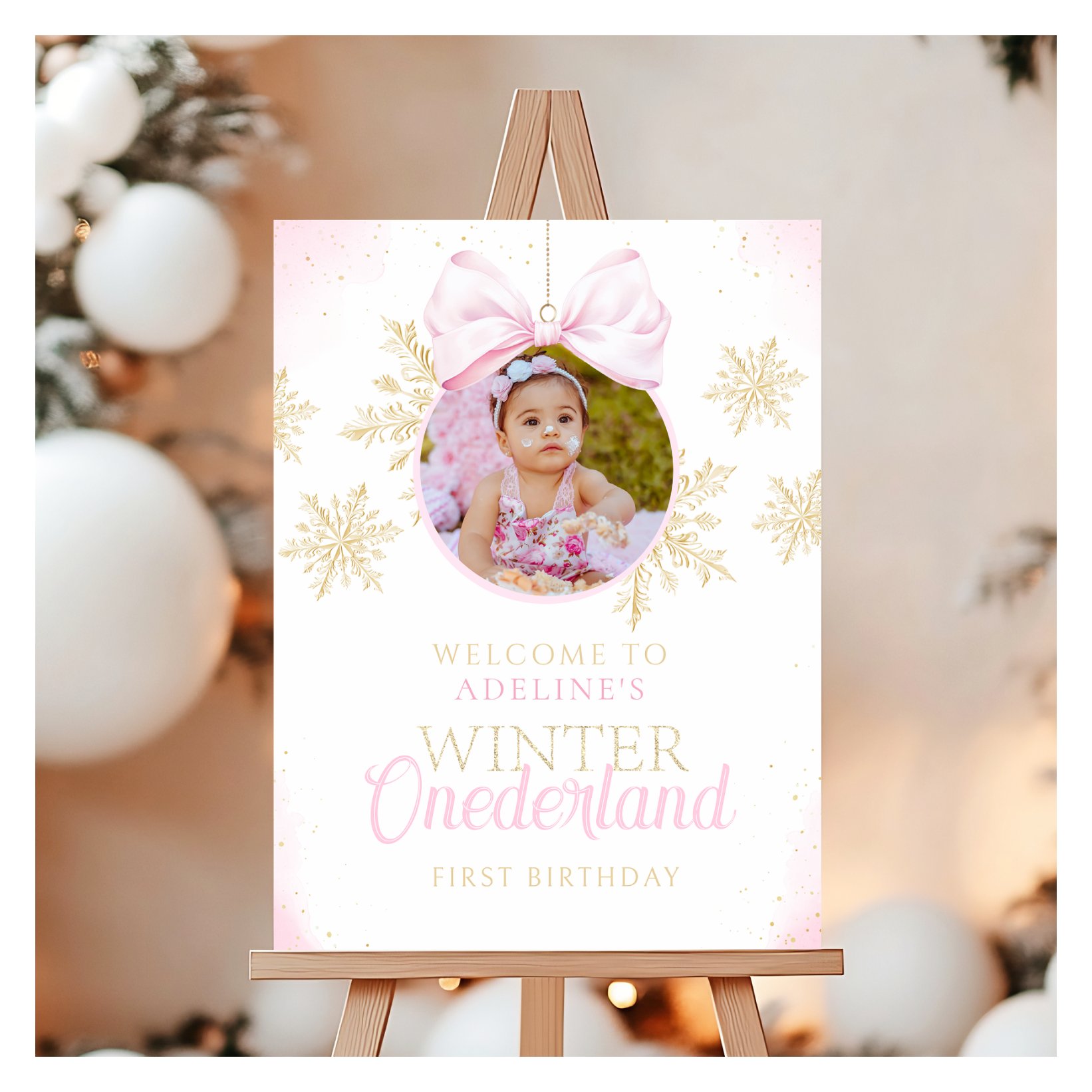 Pink Bow Winter Onederland Girl First Birthday Foam Board