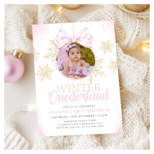 Pink Bow Winter Onederland Girl First Birthday Invitation