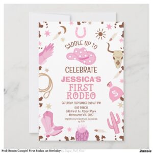 Pink Brown Cowgirl First Rodeo 1st Birthday Invitation