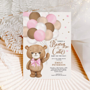 Pink Brown Teddy Bear Balloons Girl Baby Shower Invitation