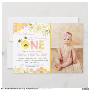 Pink Bumble Bee First Birthday Party Invitation