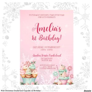 Pink Christmas Onederland Cupcake 1st Birthday Invitation