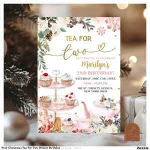 Pink Christmas Tea For Two Winter Birthday Invitation