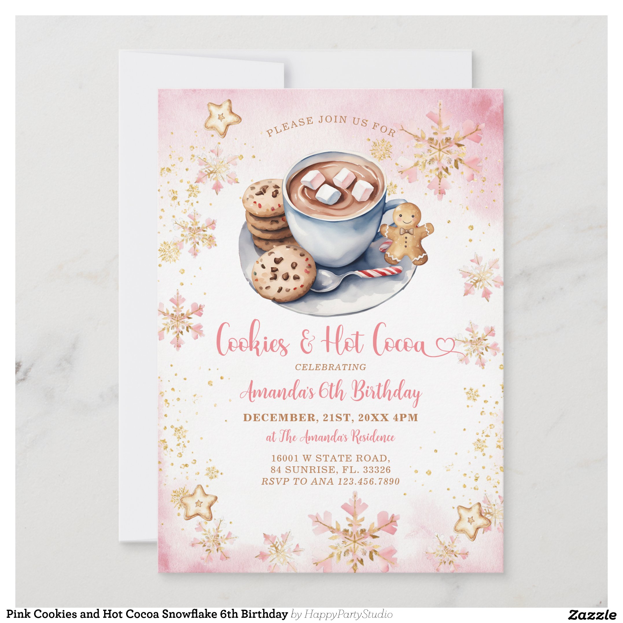 Pink Cookies and Hot Cocoa Snowflake 6th Birthday Invitation