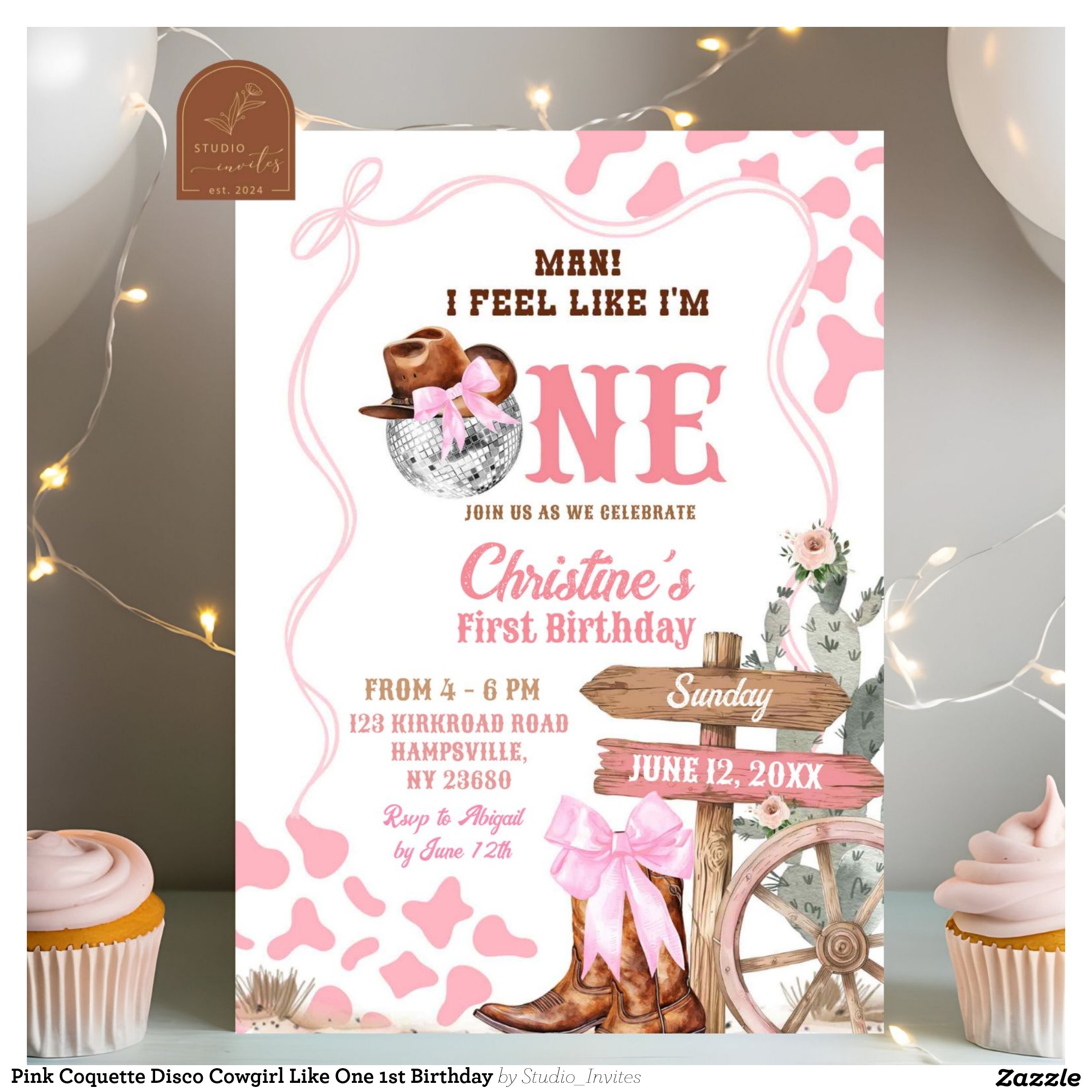 Pink Coquette Disco Cowgirl Like One 1st Birthday Invitation