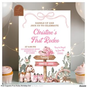 Pink Coquette First Rodeo Birthday Girl Invitation