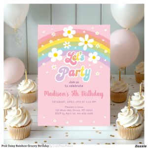Pink Daisy Rainbow Groovy Birthday Invitation