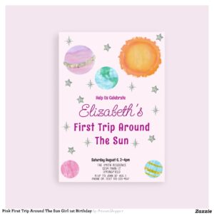 Pink First Trip Around The Sun Girl 1st Birthday Invitation