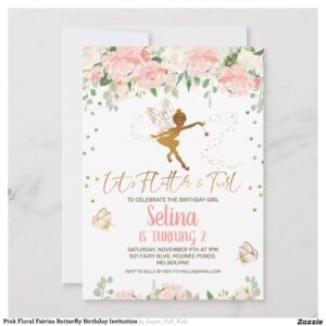 Pink Floral Fairies Butterfly Birthday Invitation