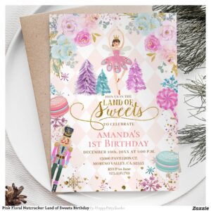 Pink Floral Nutcracker Land of Sweets Birthday Invitation