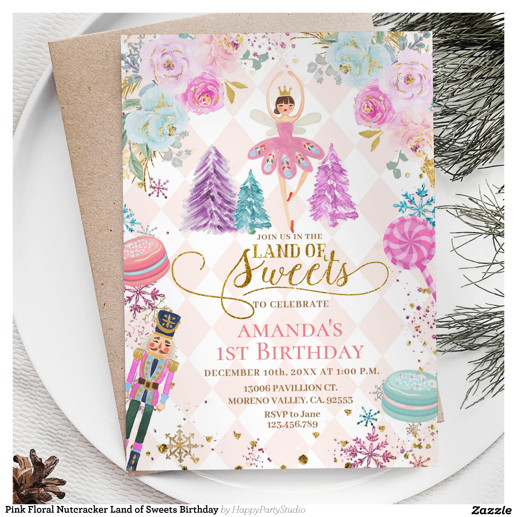 Pink Floral Nutcracker Land of Sweets Birthday Invitation
