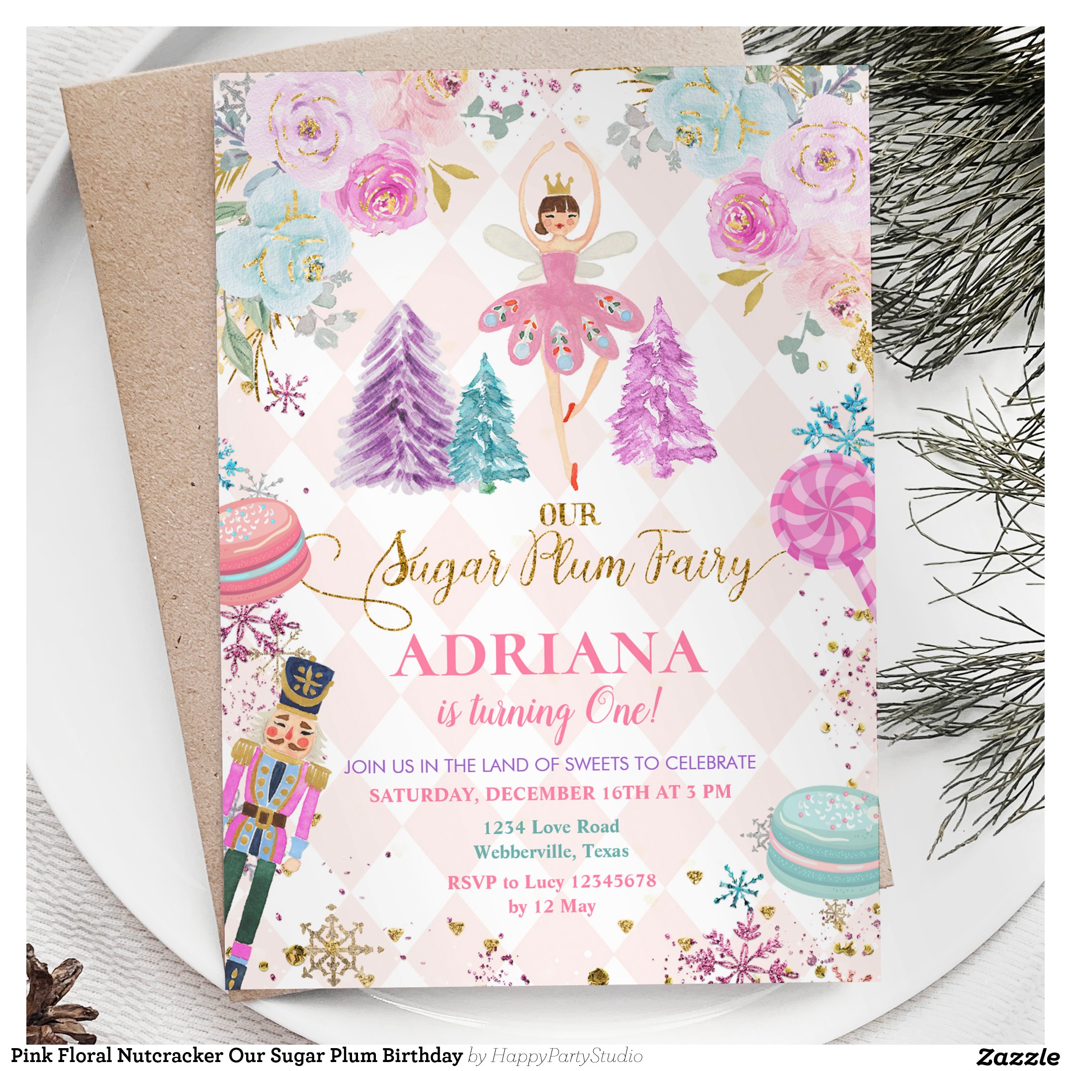 Pink Floral Nutcracker Our Sugar Plum Birthday Invitation