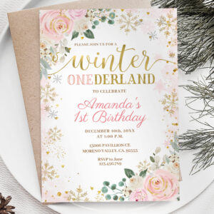 Pink Floral Snowflakes Winter Onederland Birthday Invitation