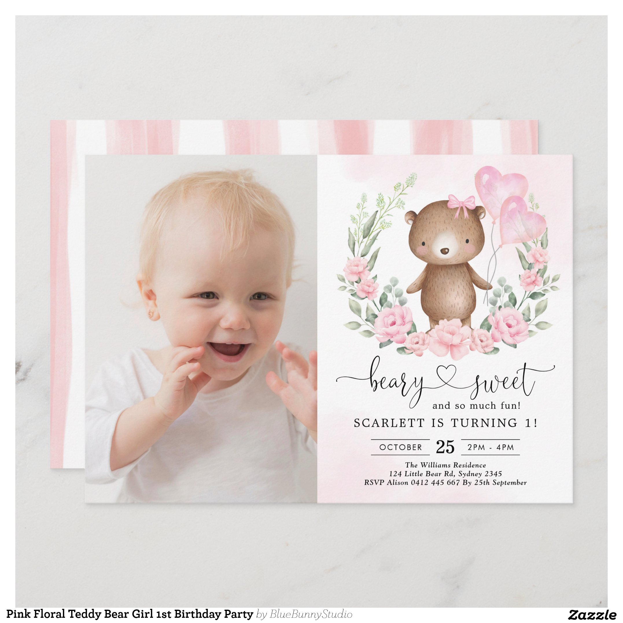 Pink Floral Teddy Bear Girl 1st Birthday Party Invitation