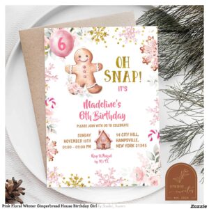Pink Floral Winter Gingerbread House Birthday Girl Invitation