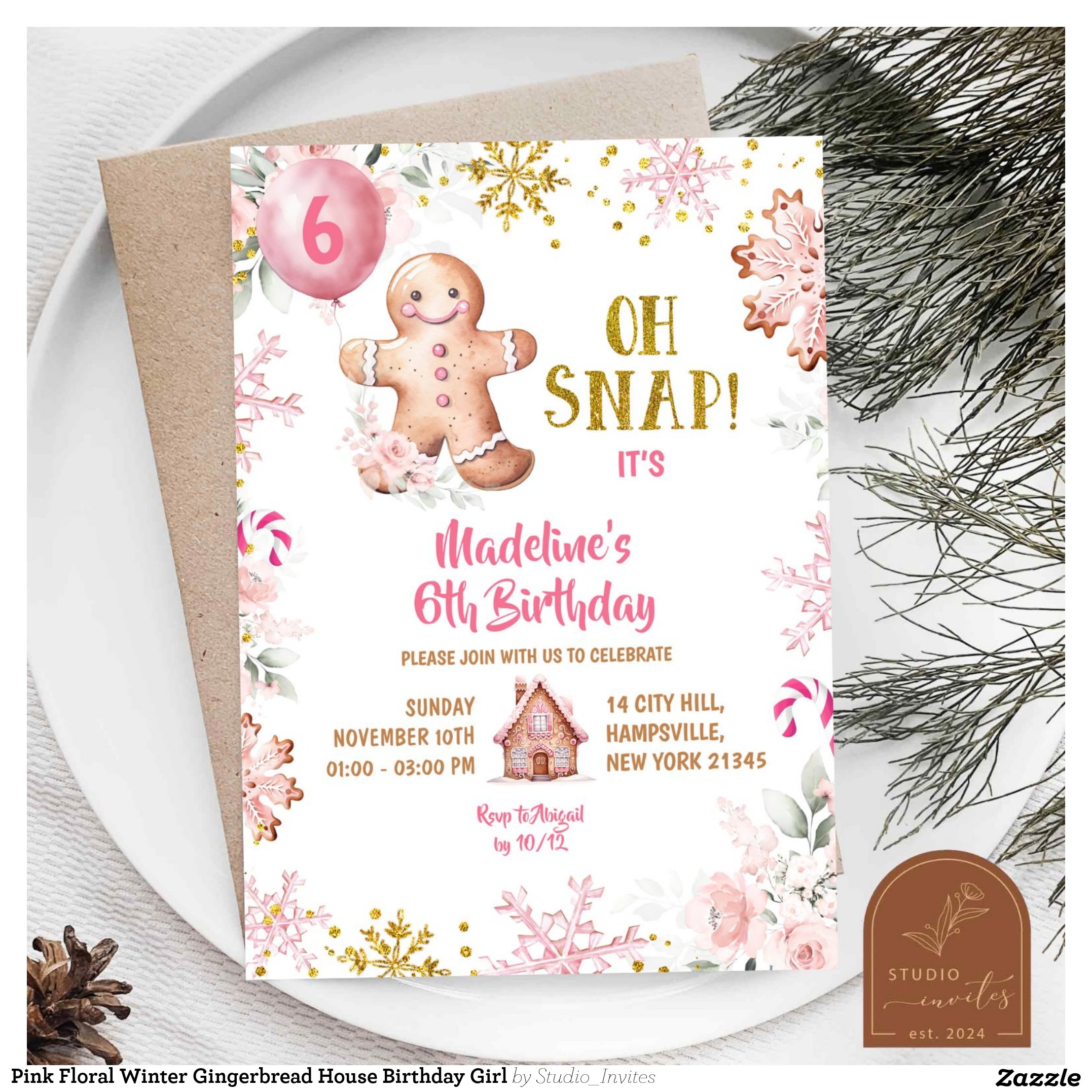 Pink Floral Winter Gingerbread House Birthday Girl Invitation