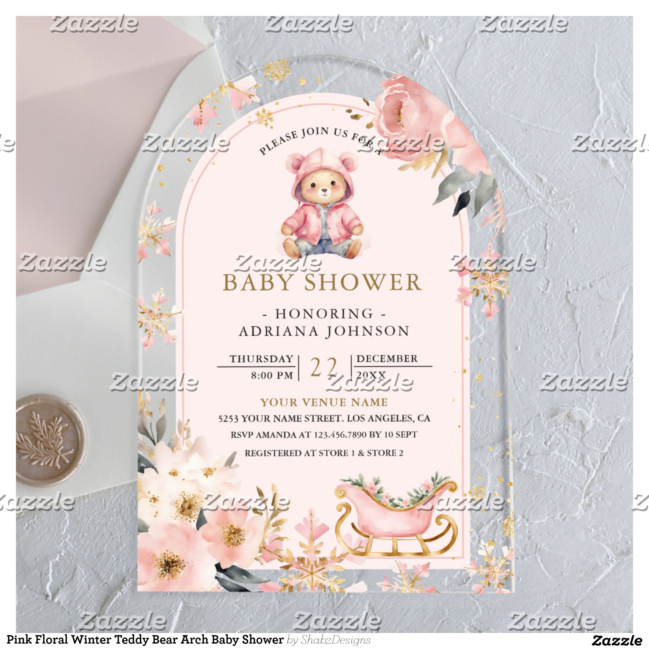 Pink Floral Winter Teddy Bear Arch Baby Shower Acrylic Invitations