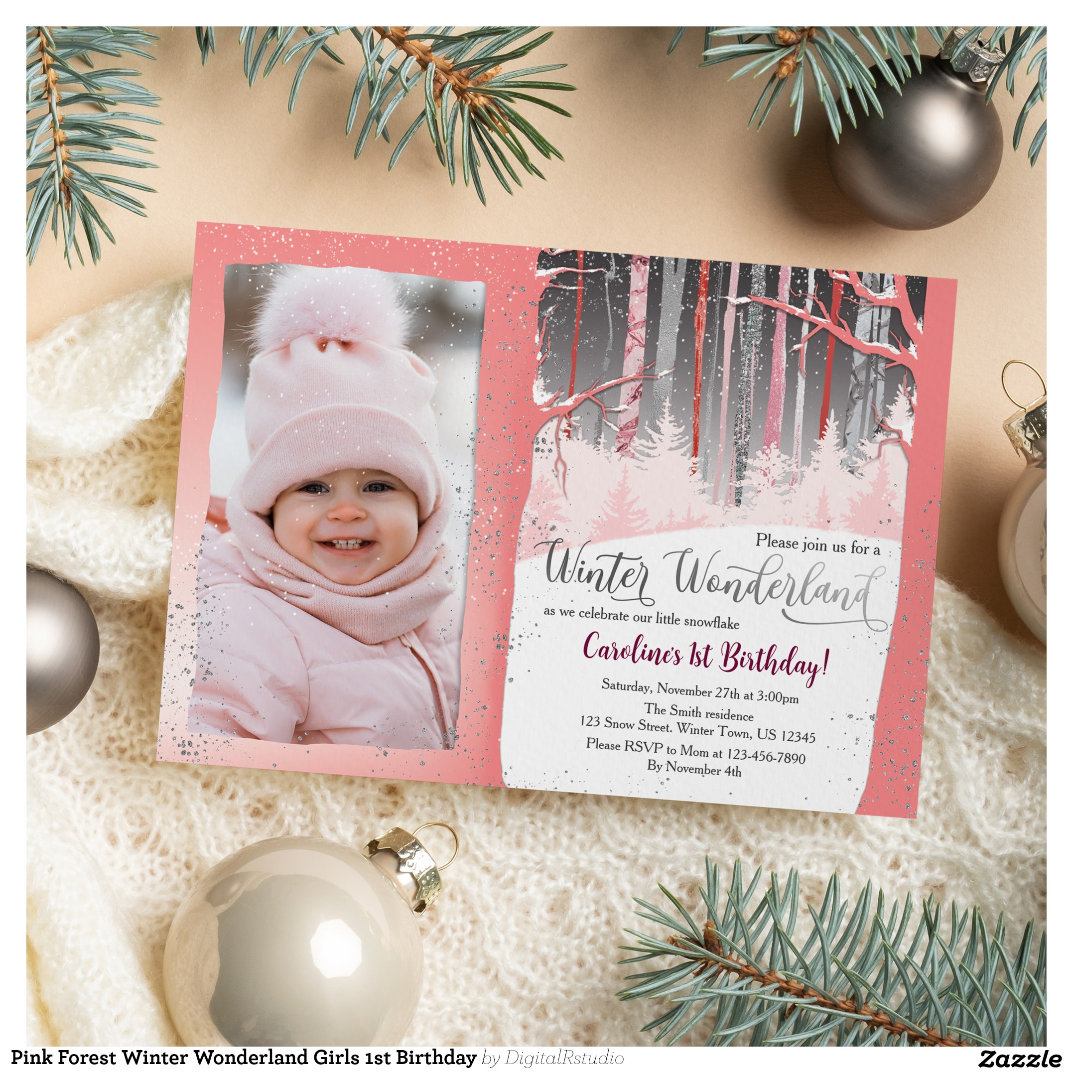 Pink Forest Winter Wonderland Girls 1st Birthday Invitation
