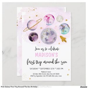 Pink Galaxy First Trip Around The Sun Birthday Invitation