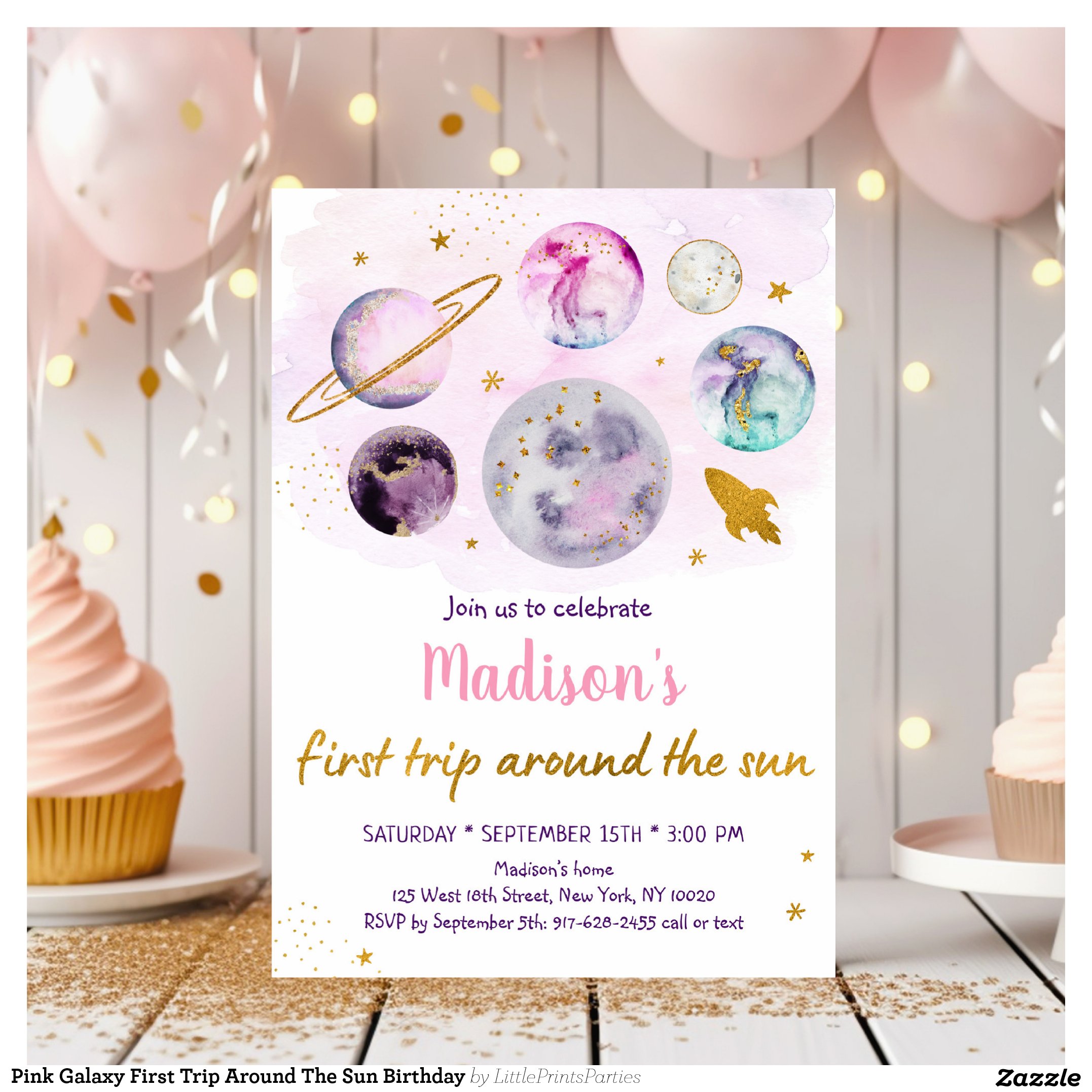 Pink Galaxy First Trip Around The Sun Birthday Invitation