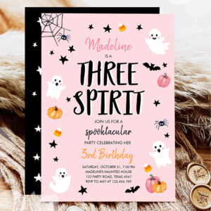 Pink Ghost Halloween Three Spirit 3rd Birthday Invitation