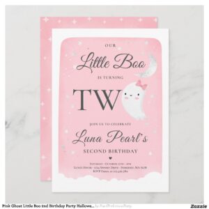 Pink Ghost Little Boo 2nd Birthday Party Halloween Invitation