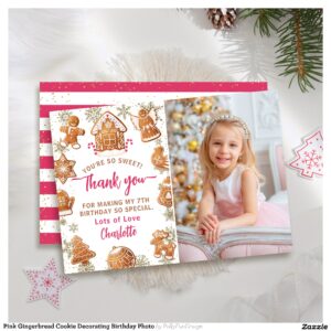 Pink Gingerbread Cookie Decorating Birthday Photo Thank You Card