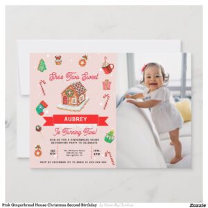Pink Gingerbread House Christmas Second Birthday Invitation