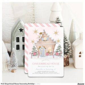 Pink Gingerbread House Decorating Birthday Invitation