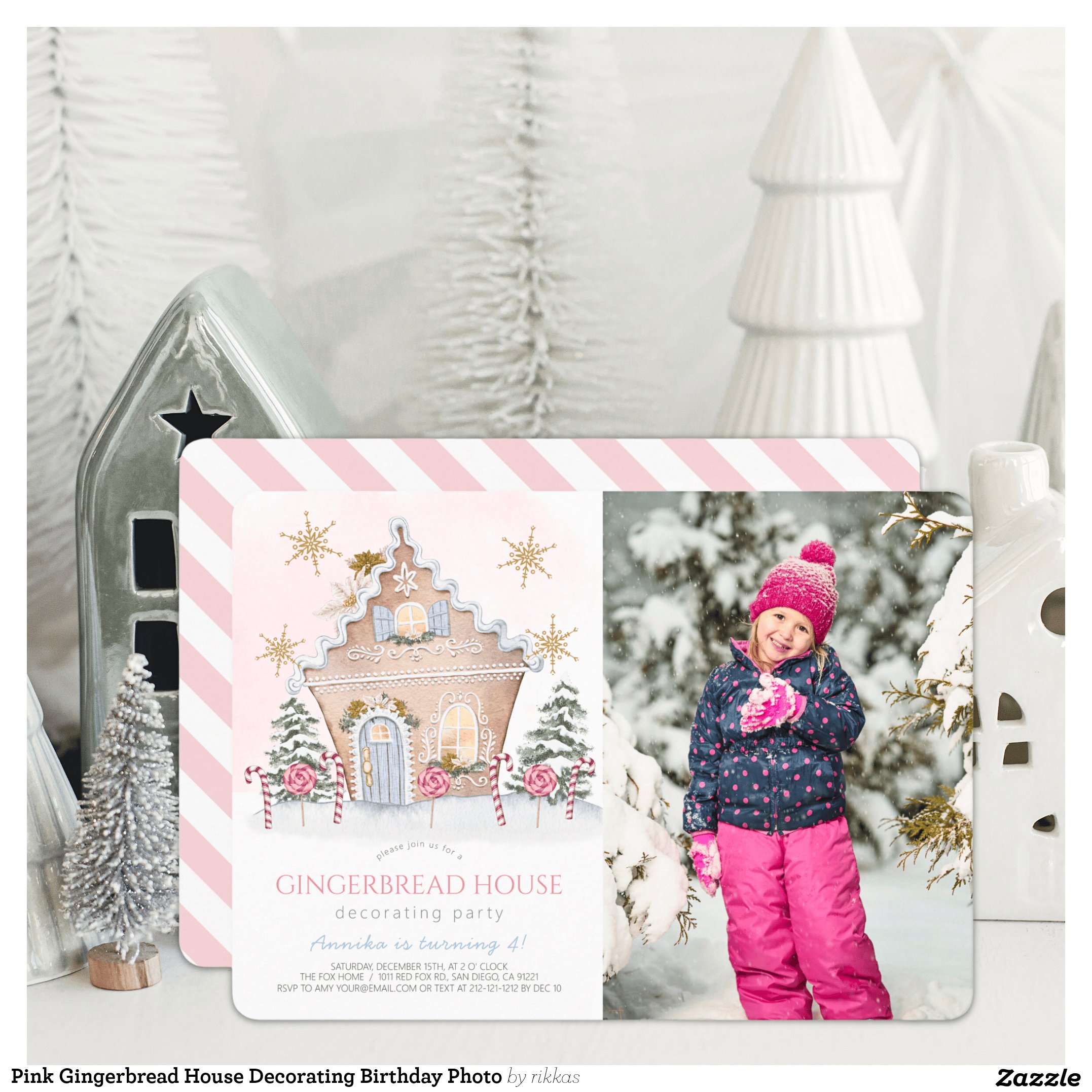 Pink Gingerbread House Decorating Birthday Photo Invitation