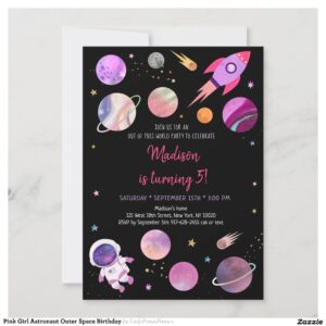 Pink Girl Astronaut Outer Space Birthday Invitation