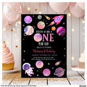 Pink Girl Astronaut Outer Space First Birthday Invitation