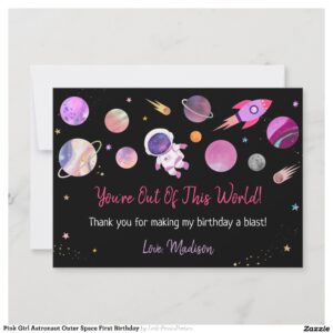 Pink Girl Astronaut Outer Space First Birthday Thank You Card