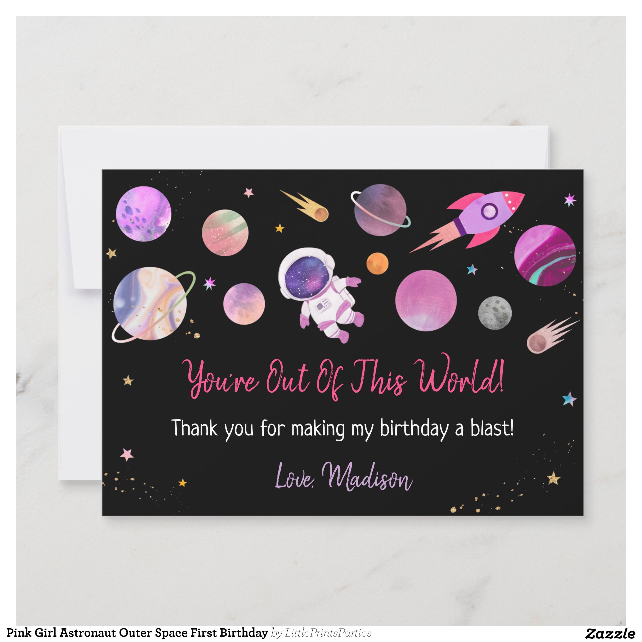 Pink Girl Astronaut Outer Space First Birthday Thank You Card