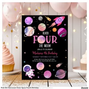 Pink Girl Astronaut Outer Space Fourth Birthday Invitation