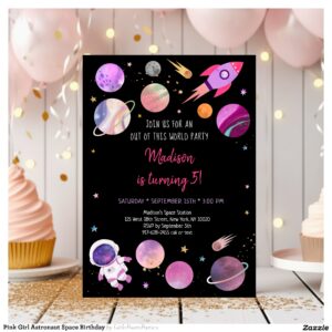 Pink Girl Astronaut Space Birthday Invitation
